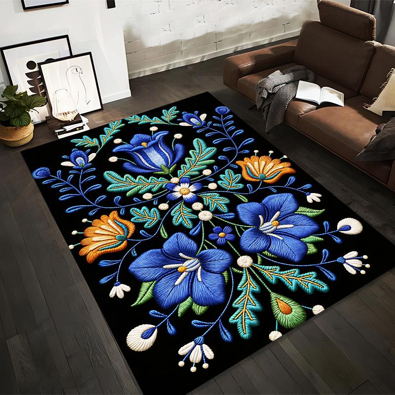 Floral Embroidered Design Carpet with Blue and Orange Flowers Pattern Suitable for use as an anti-slip for living room bedroom sofas
