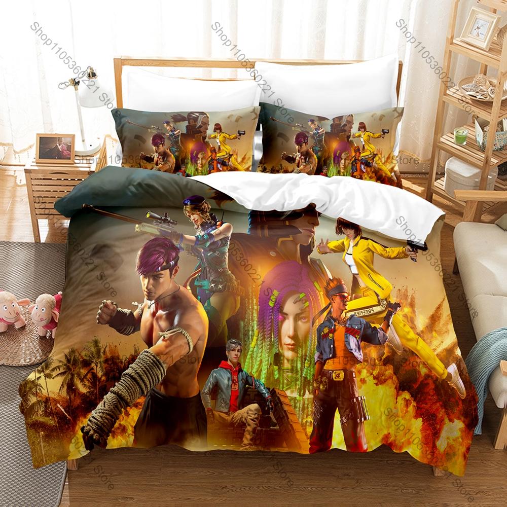 Cool Icon FF Warrior Character Graphic Free Fire Gaming Bedroom Decor Bedding Duvet Cover + 2 Pillowcases Mobile Game Fan Room D