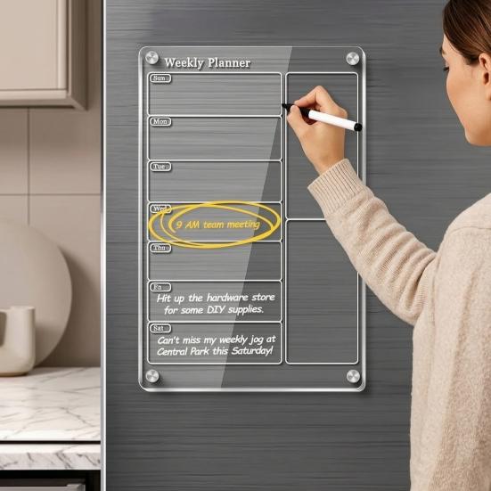 Wall Mounted Memo Board Acrylic Magnetic Dry Erase Calendar for Fridge, Clear Monthly/Weekly Meal Family Task Planner Whiteboard with 6 Markers