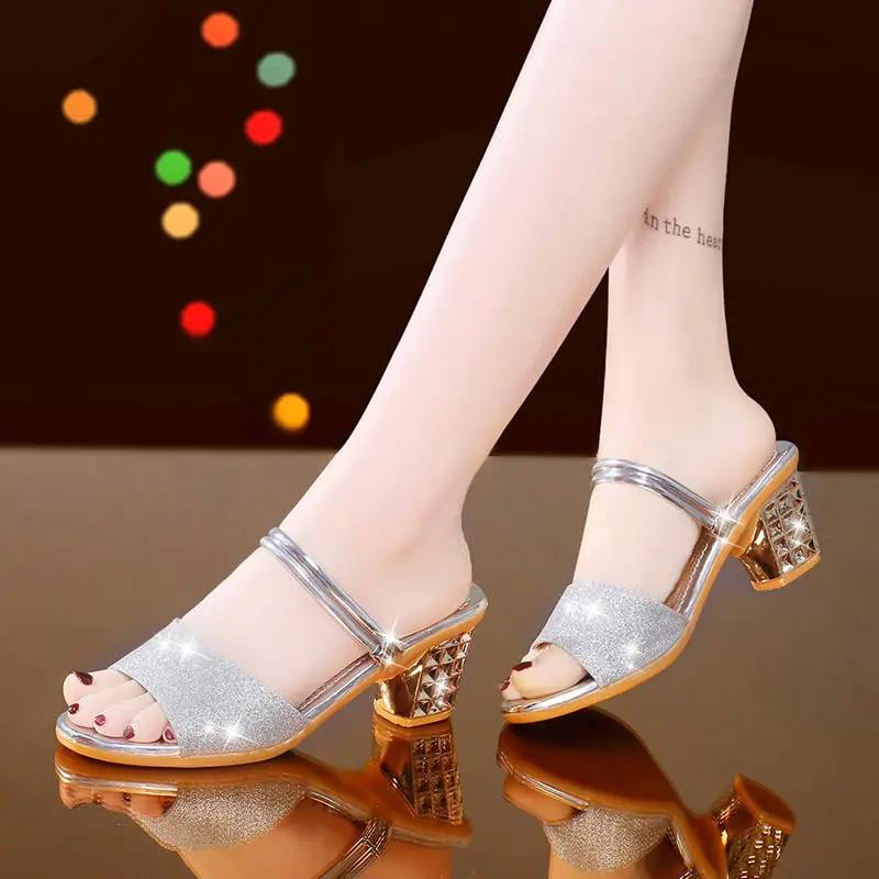 sandalias femininas women cute silver peep toe high quality anti skid square heel shoes lady fashion golden sexy sandals ab552