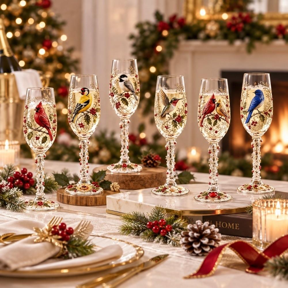 2D Printing Pattern Christmas Wine Glass Red Berries Xmas Bird Cup Bird Glass Goblet Party
