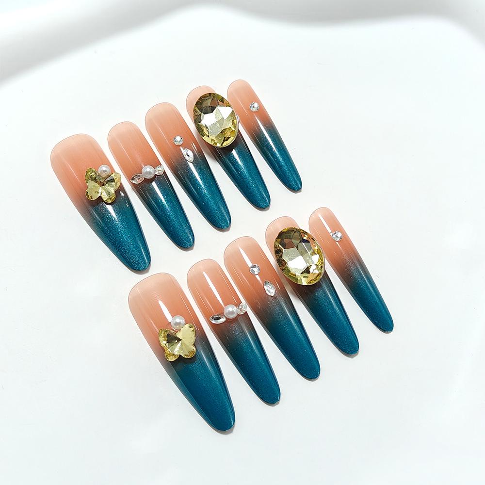 Blue Handmade Wearable Nails: Luxury Gradient Butterfly & Pearl Nail Art Stickers, 10 Pieces Medium