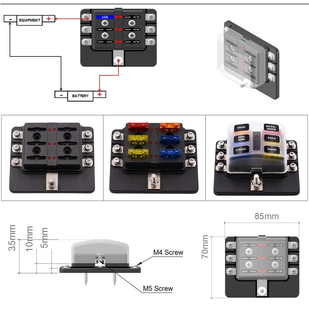 Protective Components Fuses and Accessories for Car Blade Fuse Box Holder 6 Ways Modified Terminal Block with LED Warning Light Electronic Accessories