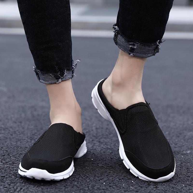 2025 Korean version of large size casual shoes half tray men's shoes single shoes men's flat sole one pedal sandals mesh half drag