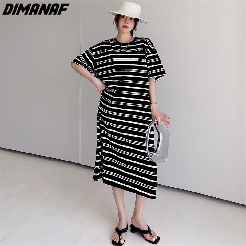 

DIMANAF 2023 Платье больших размеров, летние женские свободные пляжные платья в полоску с принтом, повседневные женские платья с короткими рукавами и круглым вырезом