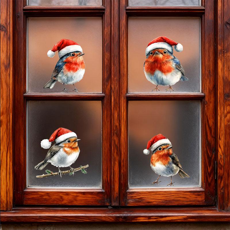 4pcs/1sheet Christmas Bird Window Glass Stickers Self-adhesive Vinyl Decal for Living Room Bedroom Kitchen Waterproof Home Decor