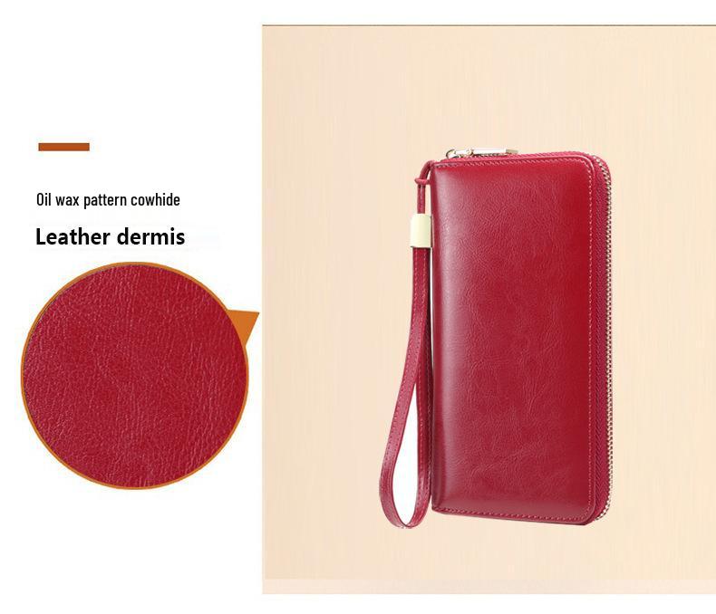 Women's Large Capacity Genuine Leather Wallet Clutch with Zipper Card Holder & Wrist Strap - Fashionable & Casual Style