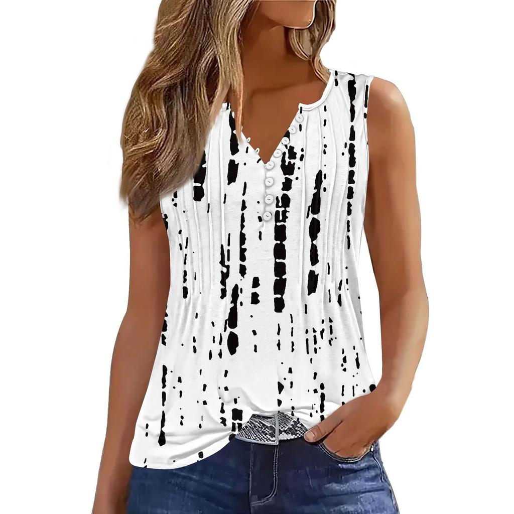 Women's Flowers And Plants Casual Loose Pleated Shirt V Collar Button-down T-shirt Shirt Sleeveless Vest Top