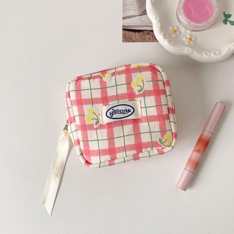 Bolsa de Cosméticos de Cuadros Grandes Coreana Bolsa de Higiene Femenina de Cereza Pequeña de Alto Valor Bolsa de Almacenamiento Mini Portátil Bolsa para Auriculares Bluetooth