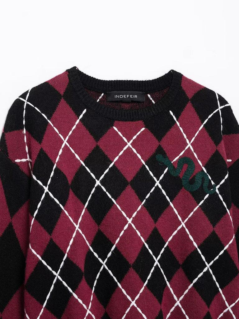 2025 Spring Women's European & American Style Diamond Pattern Knitted Sweater