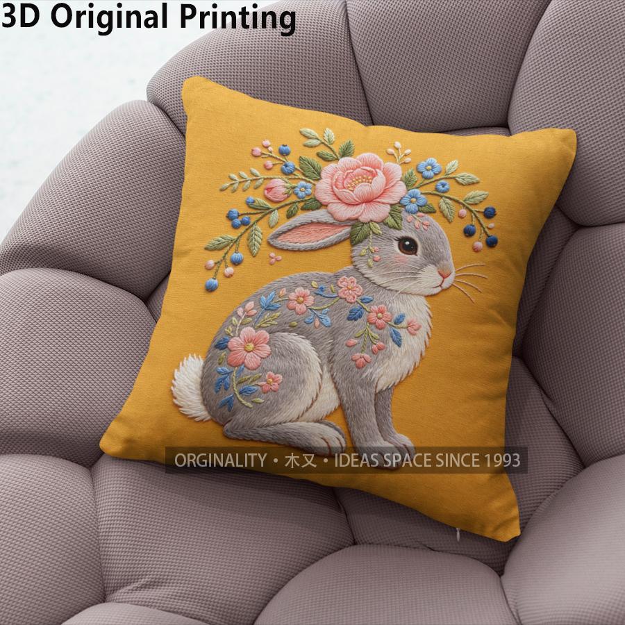 Floral Rabbit Embroidery Style Throw Pillow Covers Pattern Cushion Cover Suitable For Sofa Bedroom Car Pillow Cover