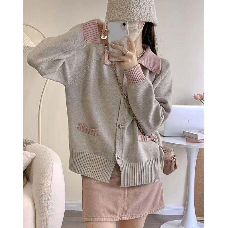 Cardigan Høst/Vinter Løs Polo Krage Liten Duftende Myk Glutinous Genser Strikket Cardigan Dame Design Sense Genser Topp