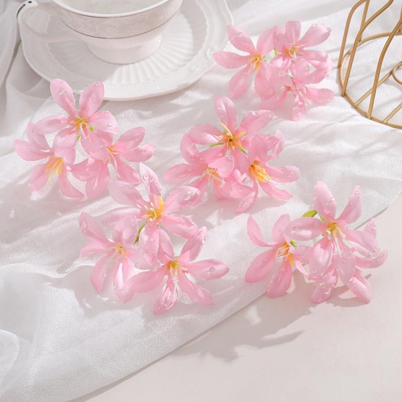 10Pcs 6cm Artificial Flower Head Mini Silk Dew Lily Flower Craft Wreath Home Decoration Wedding Decor Christmas Garland Supplies