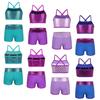 Kids Girls Swimming Dance Athletic Outfit Shoulder Straps Sequins Crop Top+Shorts Gymnastics Clothes