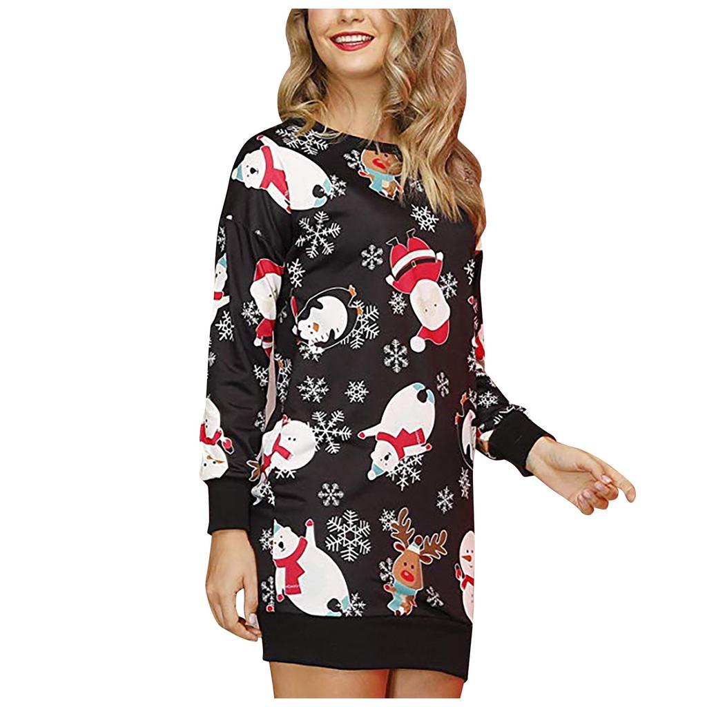 Kvinners Mote Julemann Trykt Snømann Lyslenke Langermet Kjole