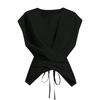 Women White Crew Neck Sleeveless Criss Cross Tie Waist Fitted Casual Blouse