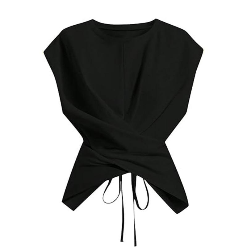 Women White Crew Neck Sleeveless Criss Cross Tie Waist Fitted Casual Blouse