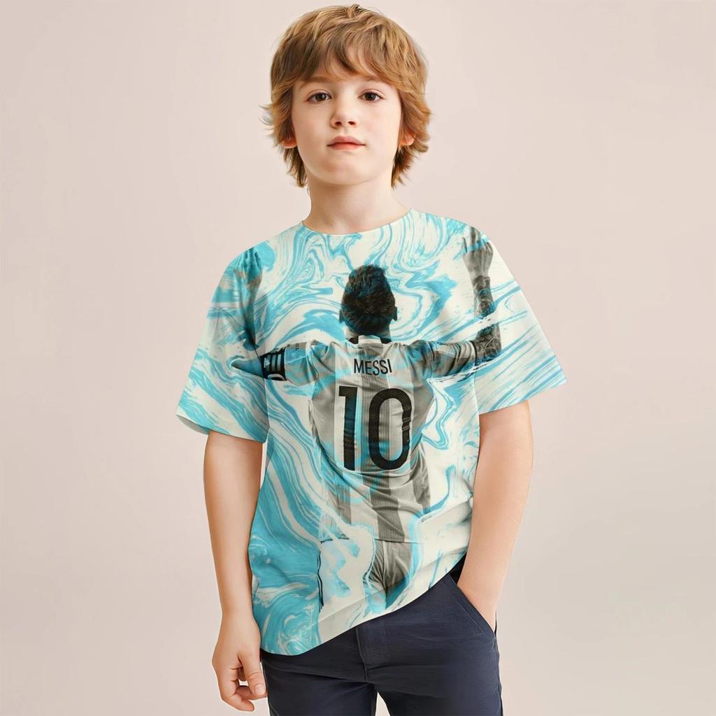 2025 Sommer Neues Kurzarm Kinder-T-Shirt 3D-Animationsdruck Fußballstar Messi Mode Neue Sommerkollektion