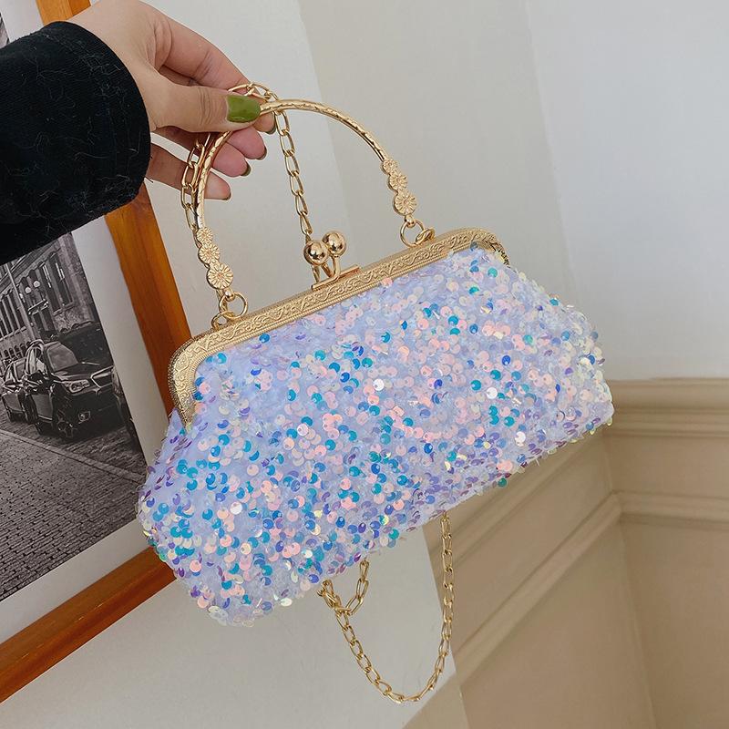 New Versatile Metal Hand-held Sequined Small Bag Women's Shiny Shoulder Bag Fashionable Texture Messenger Small Square Bag