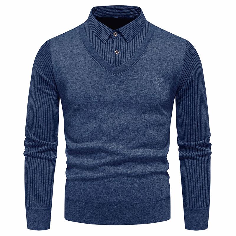 Men's Trendy Striped Two-Piece Look Pullover Sweater - Warm, Velvet-Lined Knitwear for Autumn/Winter