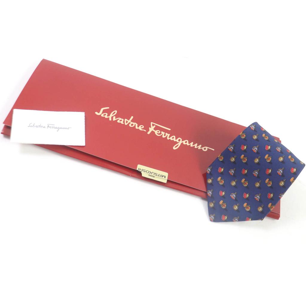 Salvatore Ferragamo tie Pocket watch all-over pattern wide tie Navy silk mens Used