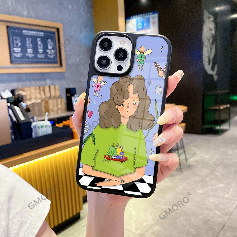 Hot-selling graffiti curly hair girl applies Apple 17 glossy glass 16/15pro large hole anti-collision mobile phone case