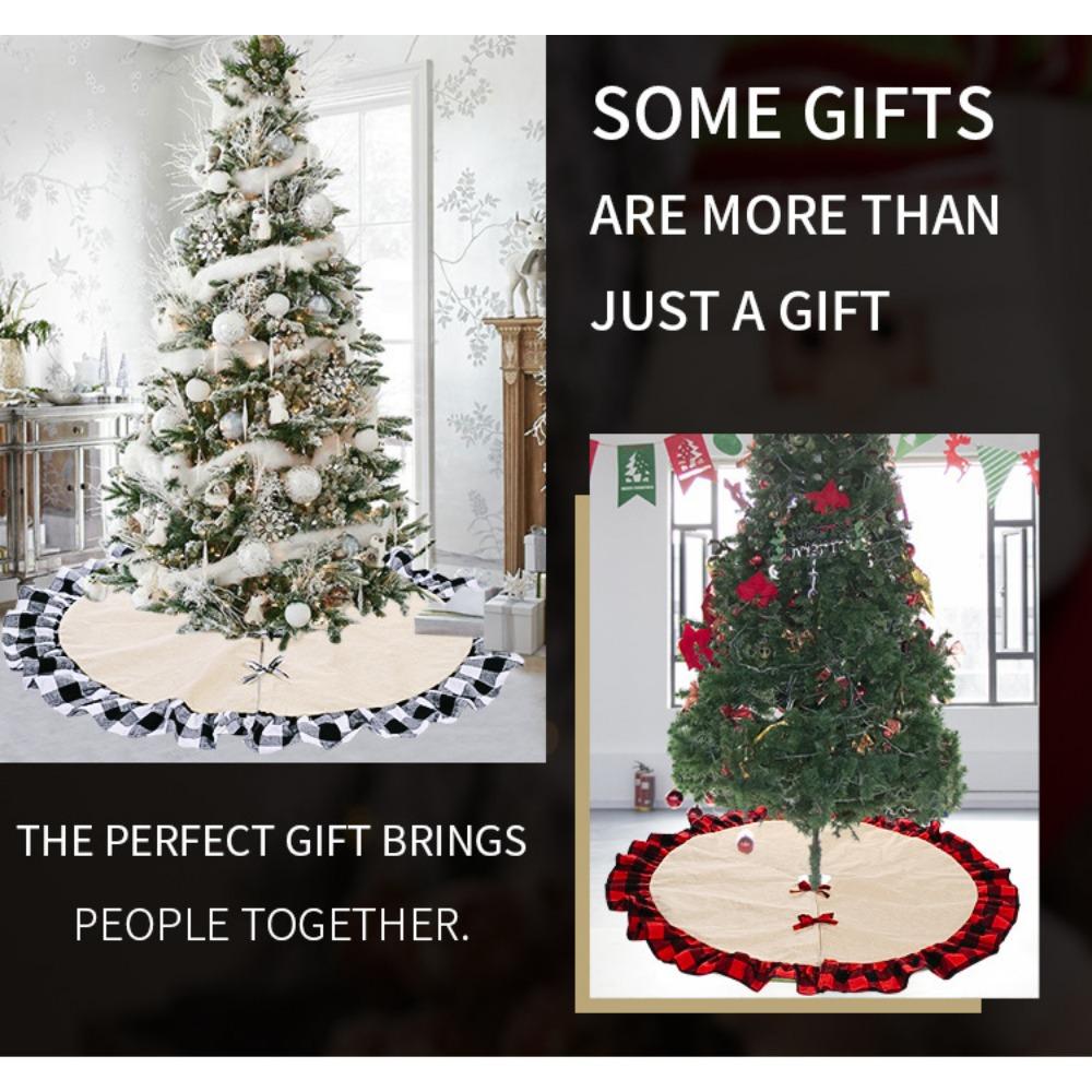 Burlap Fall Tree Skirt with  Buffalo Plaid Ruffle Border Large Christmas Tree Mat 48 Inches for Halloween Fall Christmas Black White Decorations