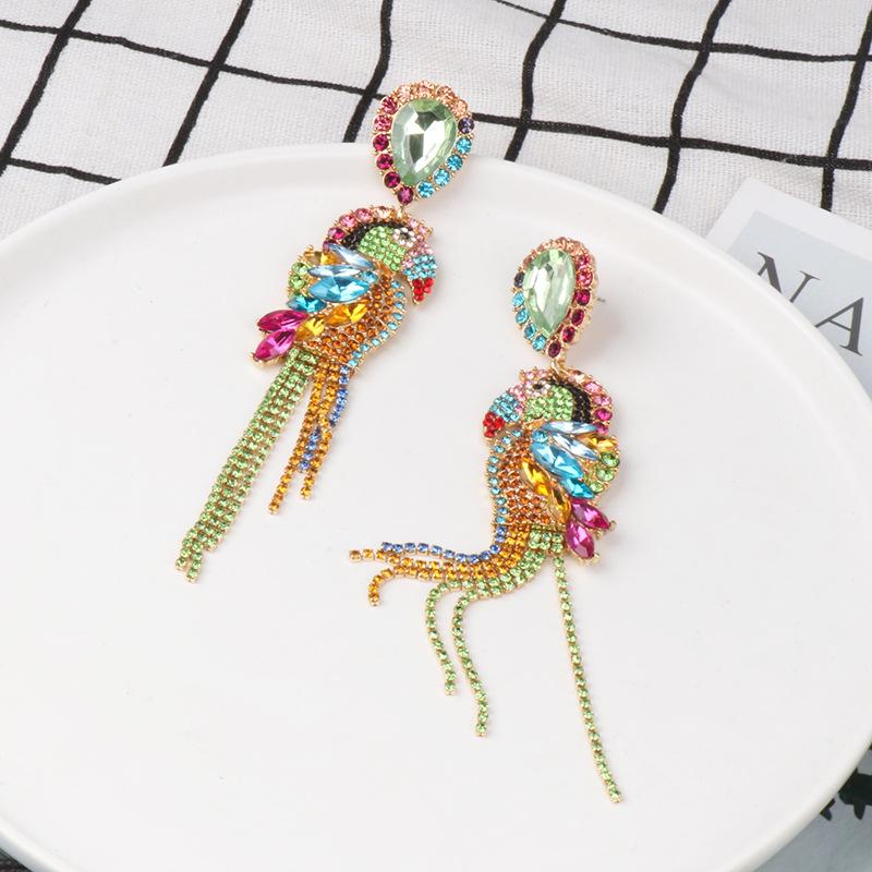 Multi Color Crystal Animal Jewelry Long Crystal Chain Tassel Dangle Earrings Rainbow Rhinestone Parrot Earrings