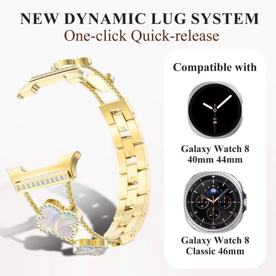Diamantarmband für Samsung Galaxy Watch8 44mm 40mm Kleeblatt-Design Luxus Damen Ultra 47mm Armband für Samsung Galaxy 8 Classic 46mm Correa