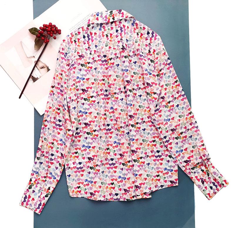 Clearance Women's Silk Long-Sleeve Shirt with Colorful Heart Print & Removable Bow