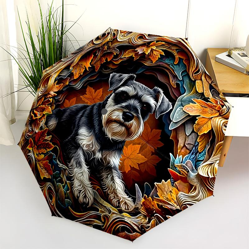 0106 Embossed Leaf Dog  Pattern, Automatic Folding Umbrella, Portable and Foldable Design, 8 Ribs, a Christmas or Birthday Gift.