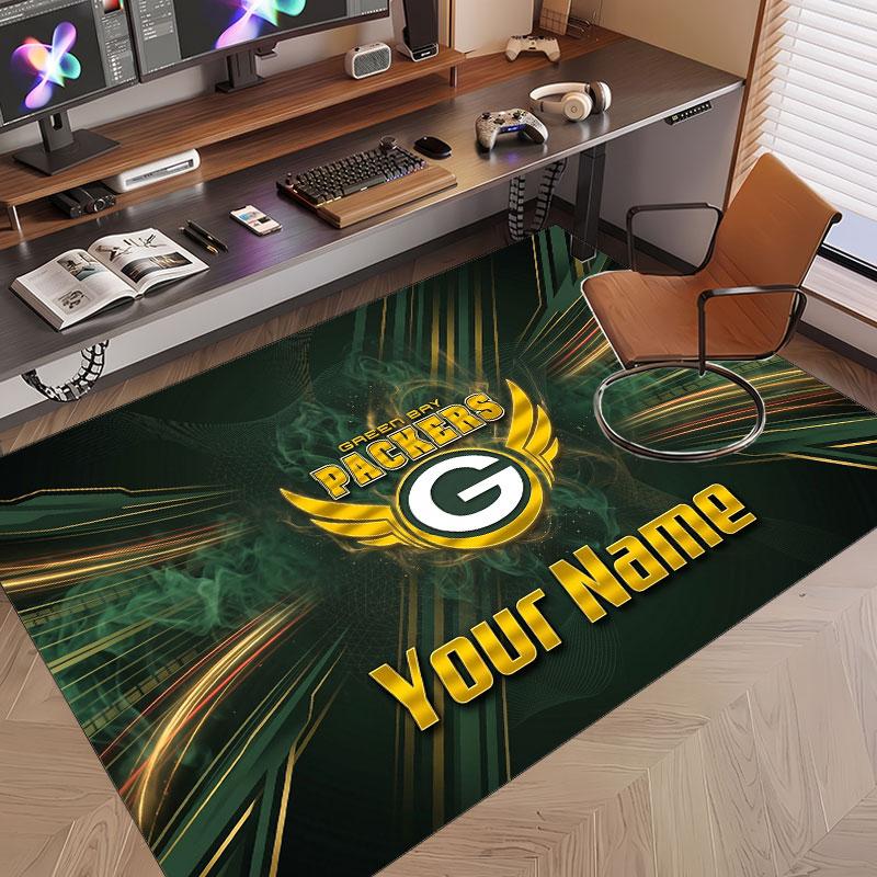 Custom Rug Green Bay Packers Pattern Print Name Text Soft Non‑Slip Floor Carpet for Home Indoor Decoration