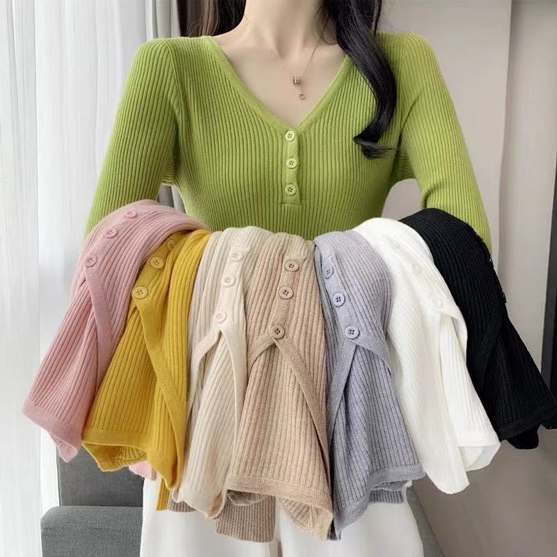 Autumn Winter V-neck Top Slim Fit Short Solid Color Inner Long Sleeve Base Knit Sweater Women's