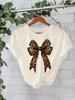 European and American High-End Leopard Print Bow-Knot T-Shirt: Women's Round Neck, Loose Short Sleeve