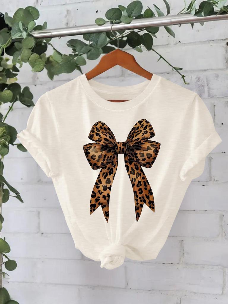 European and American High-End Leopard Print Bow-Knot T-Shirt: Women's Round Neck, Loose Short Sleeve