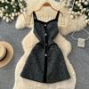 Abito da Donna in Tweed Senza Maniche Linea ad A Autunno 2026 Elegante e Sofisticato Nero Vita Alta Linea ad A Spalline Sottili Mini Abito