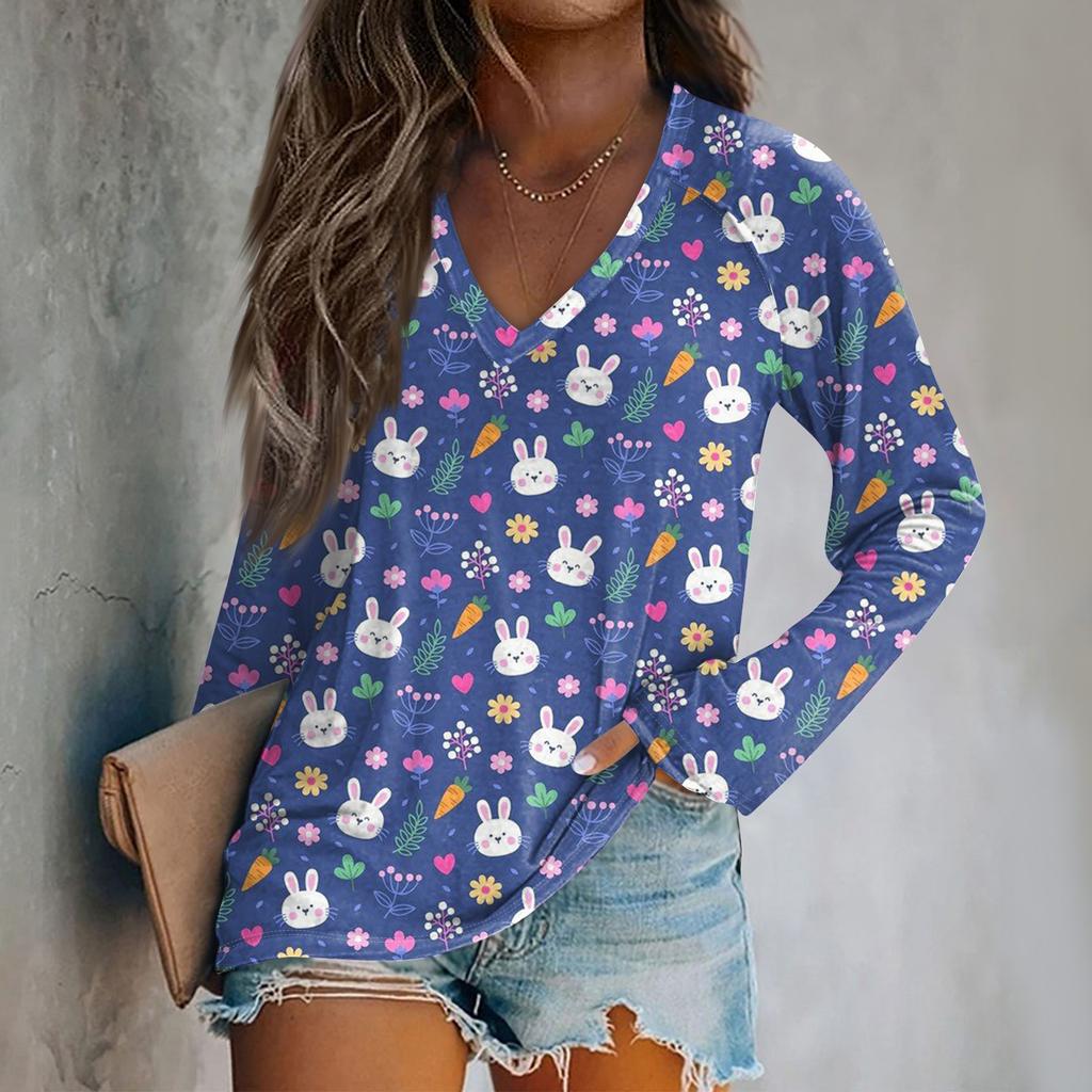 Women's Long Sleeve Plunger Sleeve Easter Print Casual Top T-Shirt