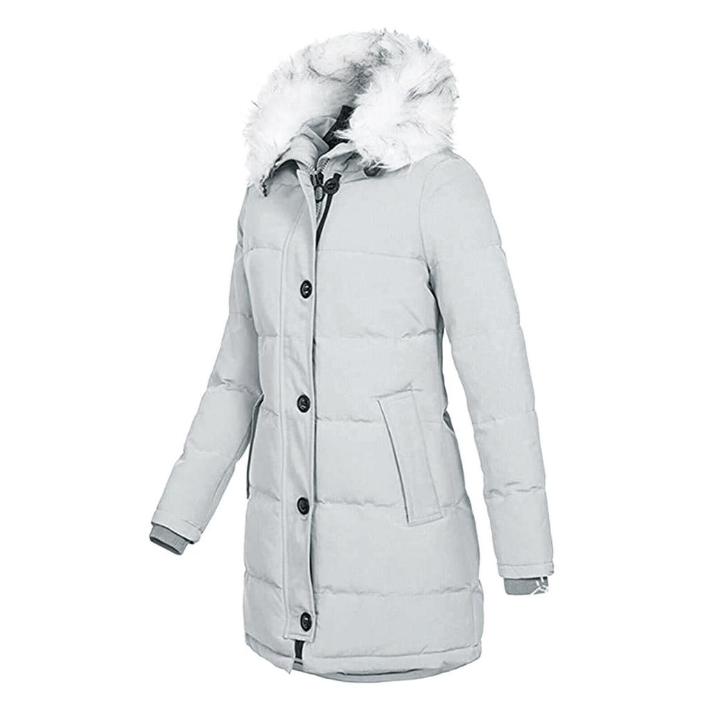 Parka Caldo Invernale da Donna a Maniche Lunghe con Cappuccio e Zip, Colore Solido, Lunghezza Media, in Cotone