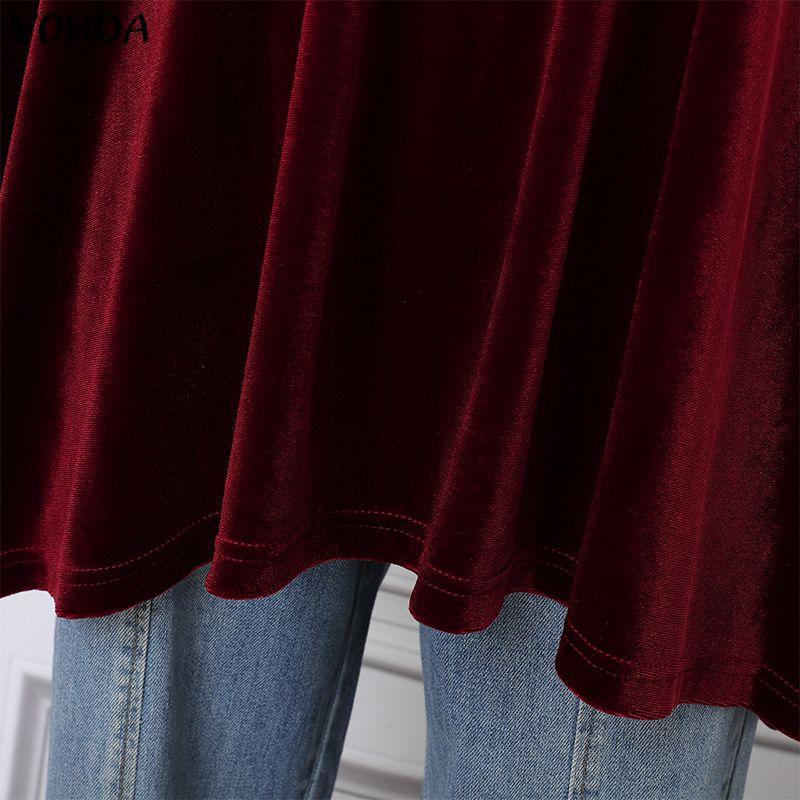 VONDA Women Stand Neck 3/4 Batwing Sleeve Mesh Patchwork Velvet Loose Long Tunic Blouse