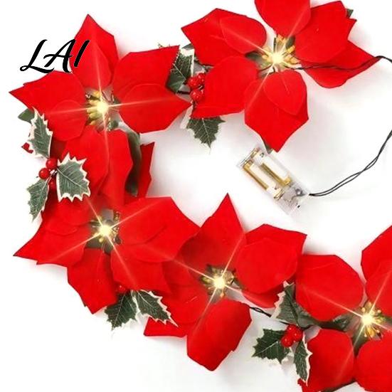 Farmhouse Style Festive Door Decor Christmas Poinsettia Garland with Light 78/118 Inch Lighted Artificial Flower Velvet Wreath String Light