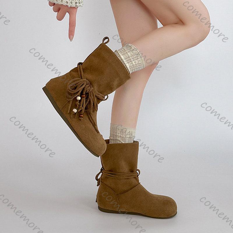Fashion Comemore Fashion Tassel Bow Women Ankle Boots Autumn Winter Retro Style New Suede Temperament Shoes Casual Flat Short Botines