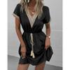 Solid Color Short Sleeved Lace V-neck Waist Cinched Dress