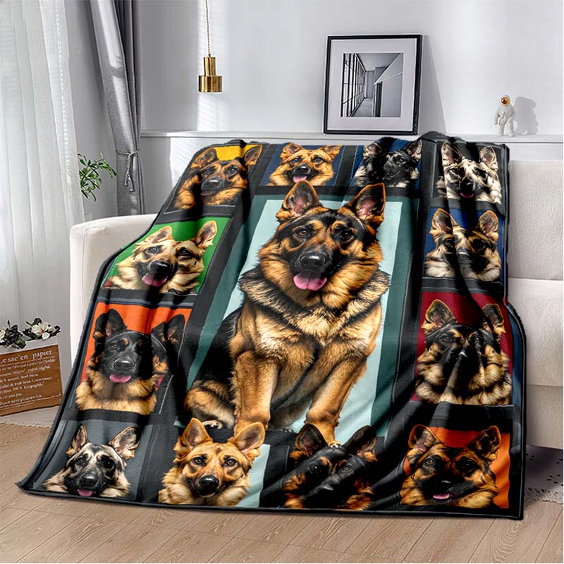 German Shepherd Dog Photo Collage Print Flannel Blanket, Pet Lover Throw Blanket