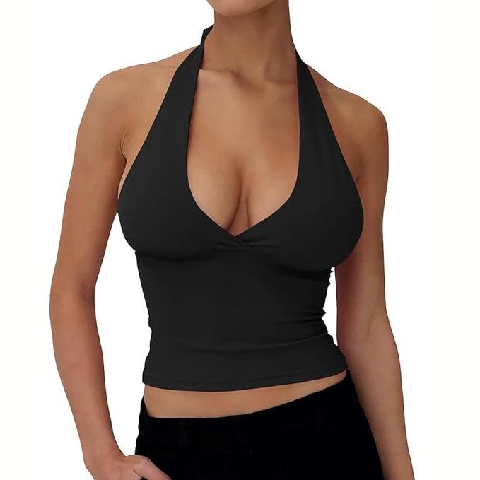 

2025 Весна/Літо Нова Європейська та Американська Мода Однотонна Молочний Шовк Відкрита Спина Халтер Шия Приталена Майка для Жінок S