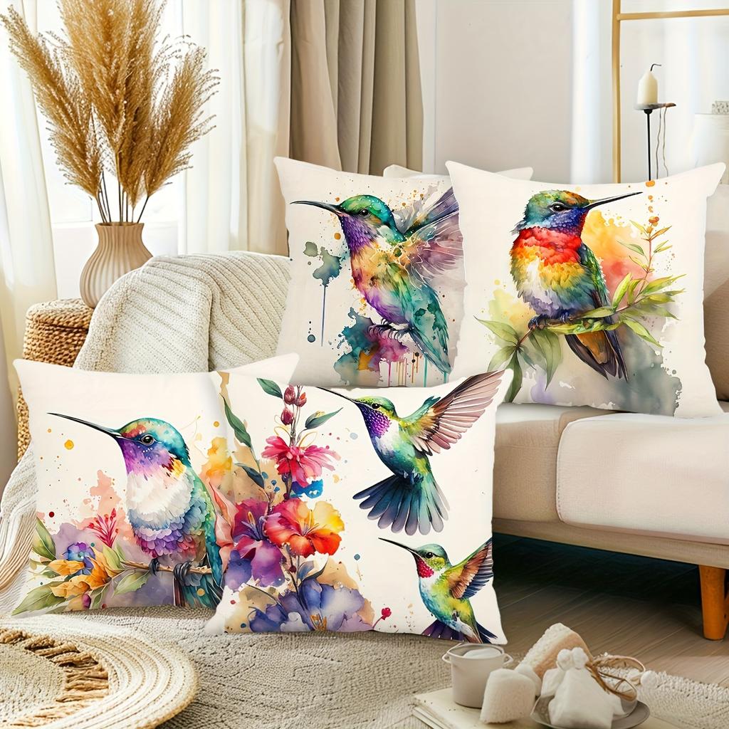 Hummingbird Floral Watercolor Throw Pillow Covers Contemporary Style Zippered Cushion Cases For Living Room Decor Pillowcase