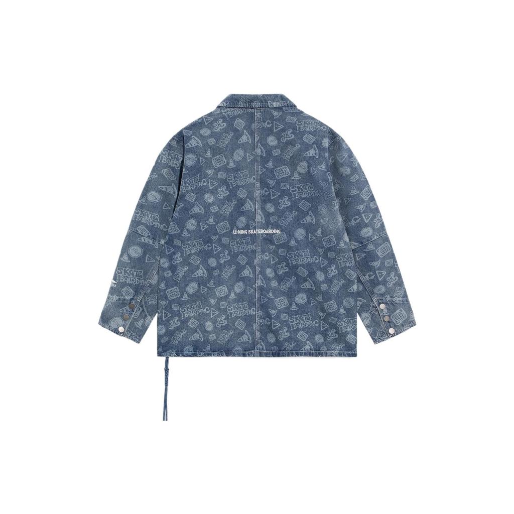 Li-Ning Skateboard Series Full Print Loose-Fit Washed Denim Jacket Men Outerwear Light-Blue AJDS047-1