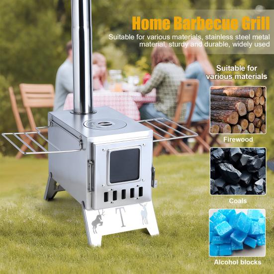 Wood Burning Stove with 5 Pipes Accessories, Visible Window Side Panels Heating Cooking Hot Tent Stove, Large Firebox Stainless Steel Stove for