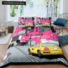 Gelbes Taxi Auto King Queen Bettbezug Jungen Cartoon Transport Bettwäscheset Rosa Stadtlandschaft Steppdeckenbezug Polyester Bettdeckenbezug
