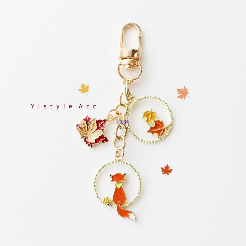 Handmade Cartoon Fox & Maple Leaf Keychain - Couple Bag Charm and Car Accessory