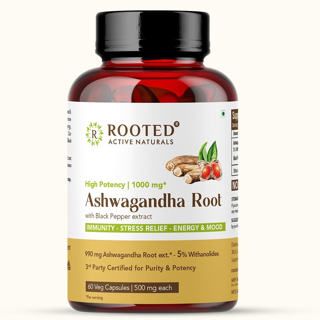 

Rooted Ashwagandha Root Capsules 5% Withanolides, Pure Extract | 60 Capsules 100gm 0.2lbs